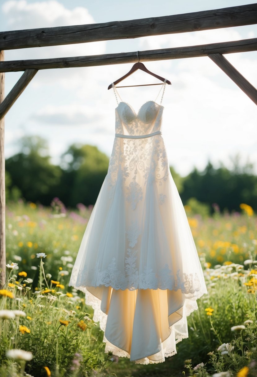 A rustic wedding dress hanging from a wooden beam, surrounded by wildflowers and vintage lace