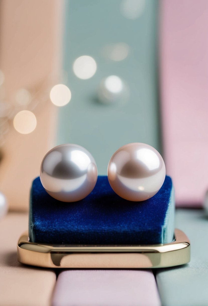 Two large pearl studs on a velvet jewelry display against a soft, pastel background