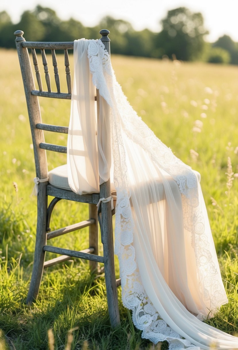 A flowing, lace and chiffon bohemian wedding dress draped over a weathered wooden chair in a sunlit meadow