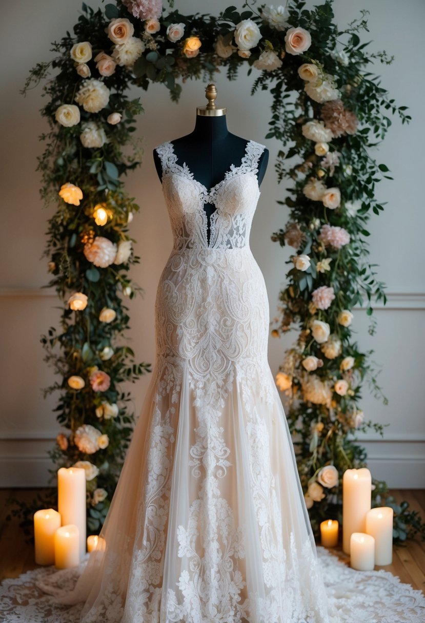 An ornate lace gown on a vintage dress form, surrounded by cascading floral arrangements and soft candlelight