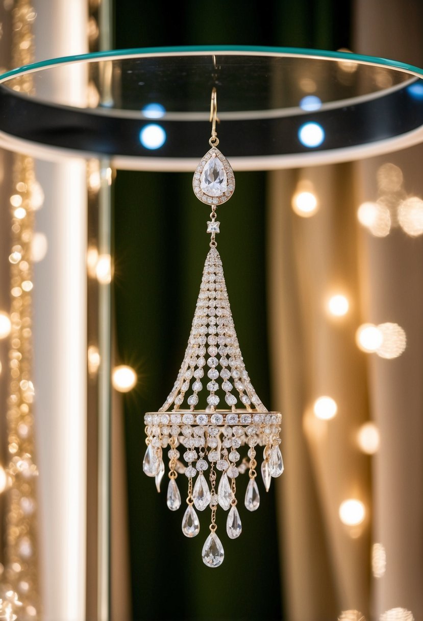 A sparkling teardrop chandelier earring hanging from a display, surrounded by soft lighting and luxurious fabric