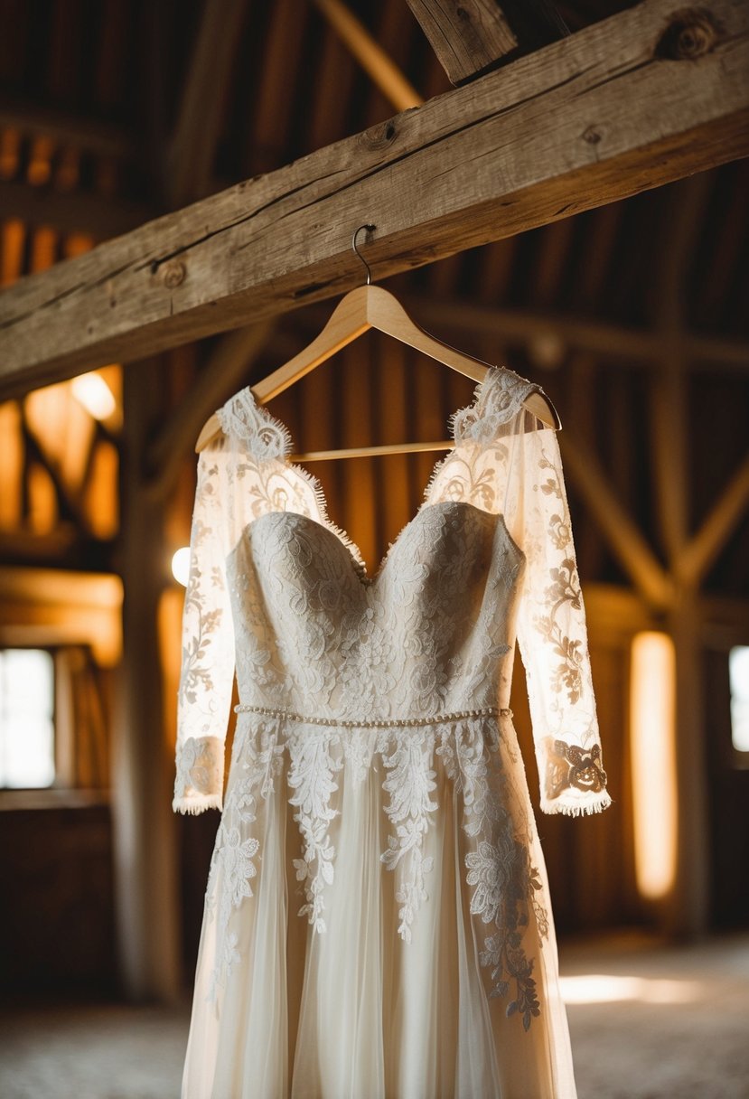 A rustic barn setting with soft, warm lighting. A vintage-inspired lace wedding dress with elegant sleeves hangs from an old wooden beam