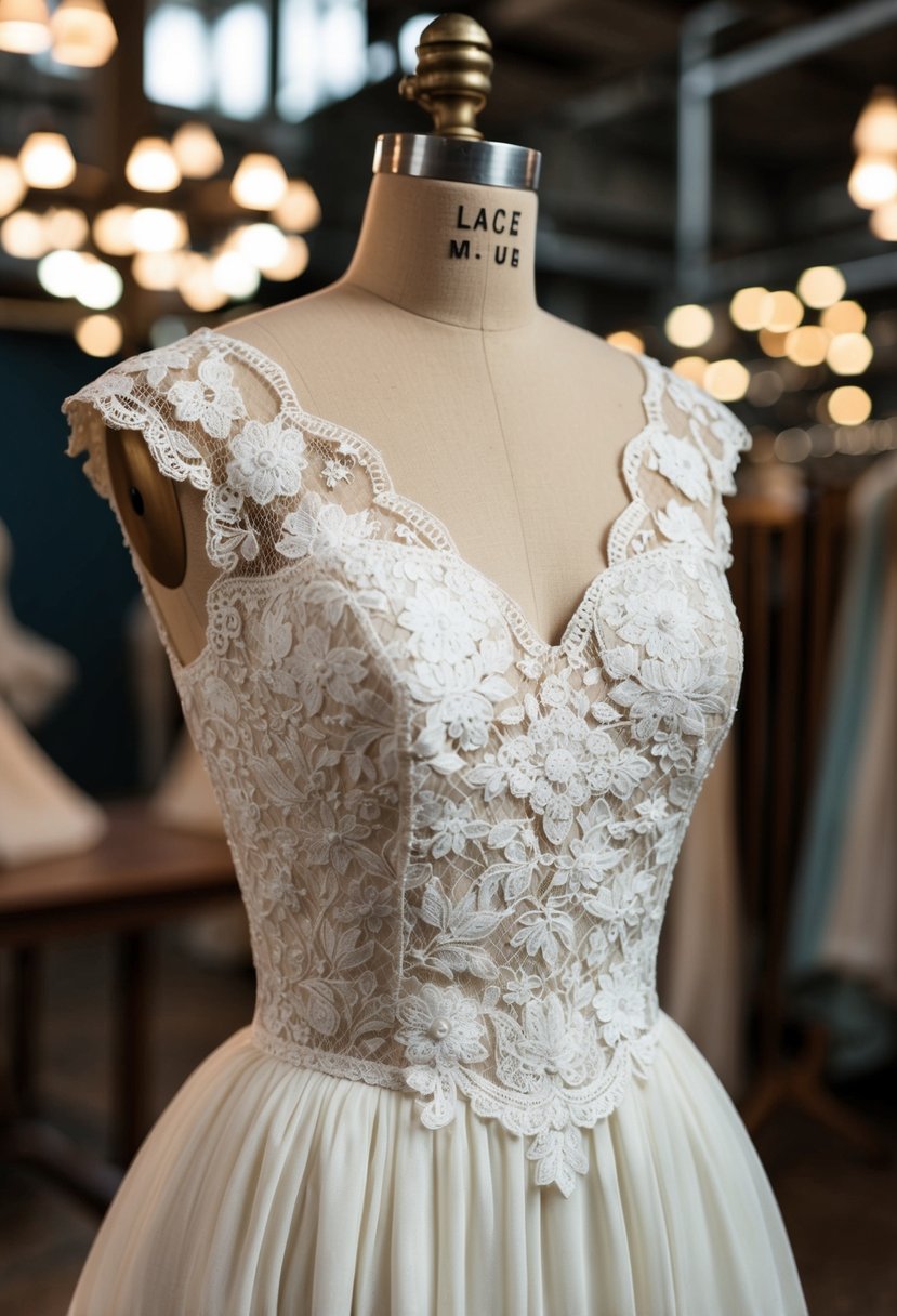 An antique lace A-line wedding dress displayed on a vintage wooden mannequin