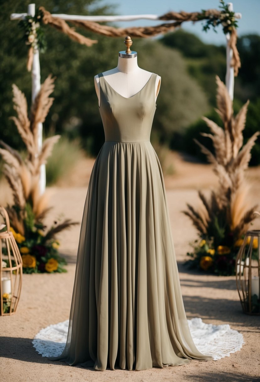 An outdoor wedding setting with a simple, flowing A-line dress in earthy tones, surrounded by rustic decor and natural elements