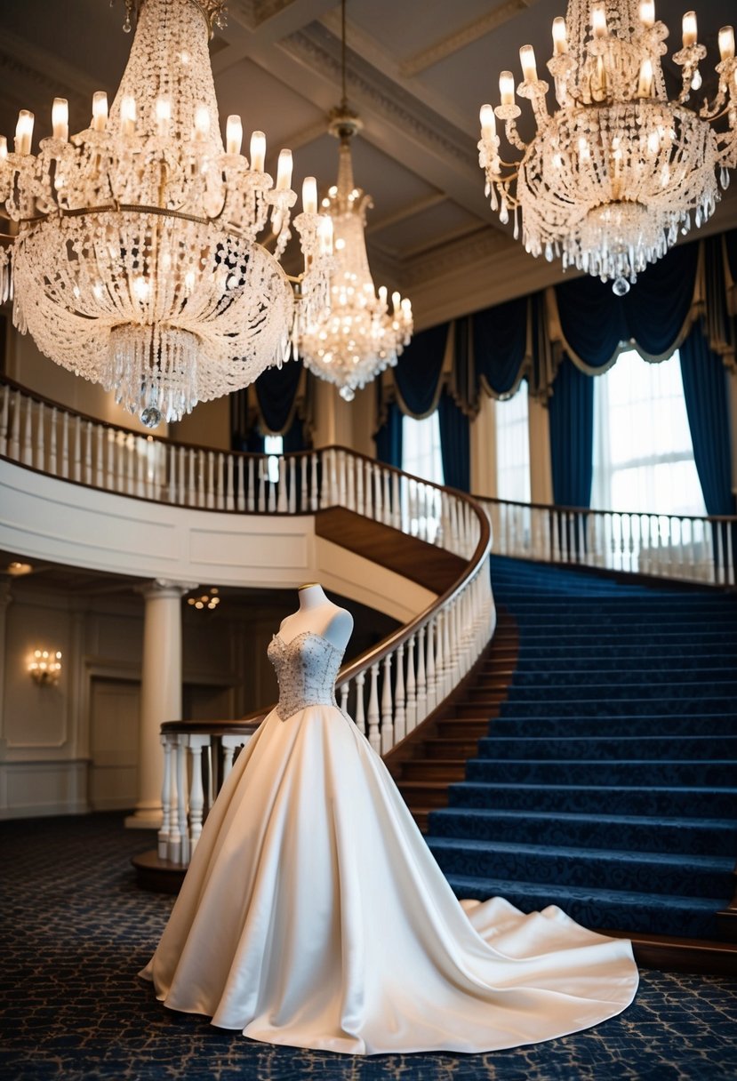 A grand ballroom with sparkling chandeliers, a sweeping staircase, and a regal satin ball gown on display