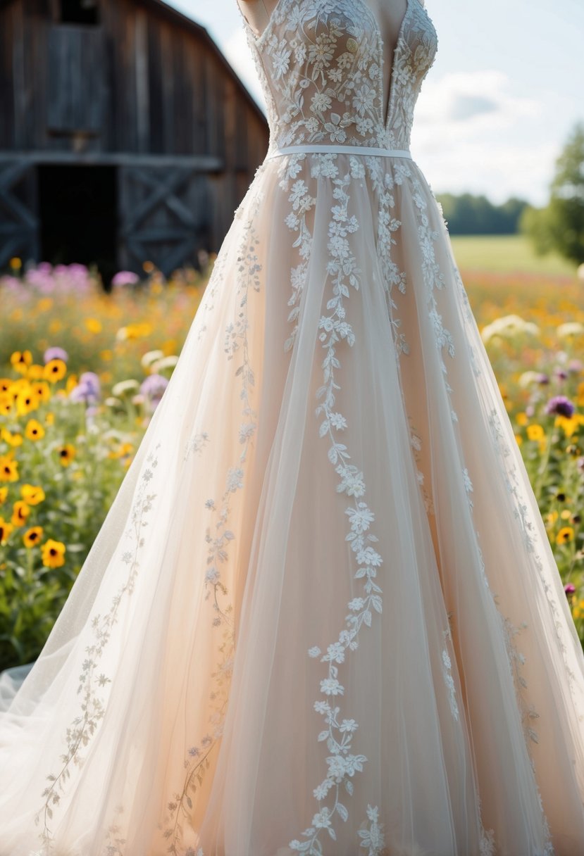 A rustic wedding dress with delicate floral embroidery on sheer tulle fabric, set against a backdrop of wildflowers and a wooden barn