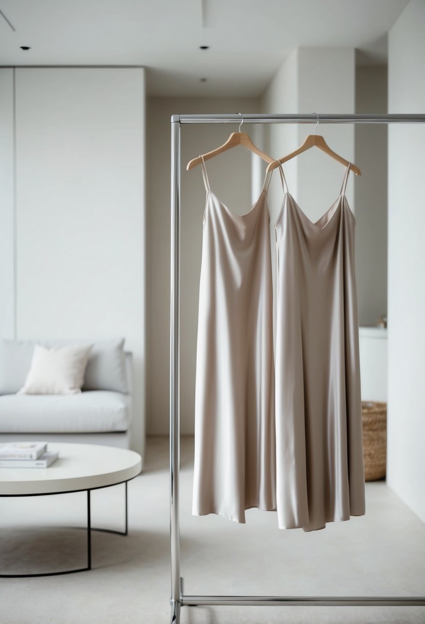 A simple, flowing silk slip dress hangs on a sleek, modern clothing rack in a softly lit, minimalist room with clean lines and neutral colors