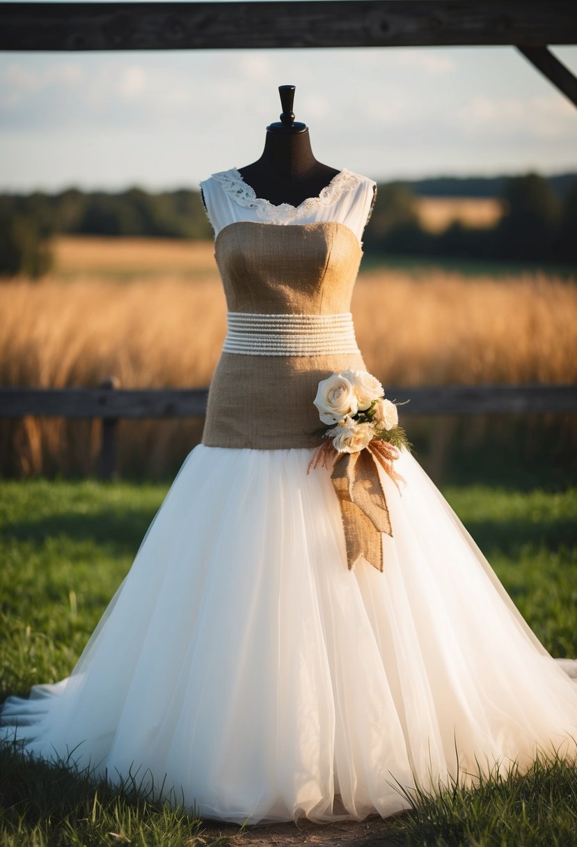 A rustic wedding dress with burlap accents and earthy charm, set against a backdrop of a barn or countryside landscape