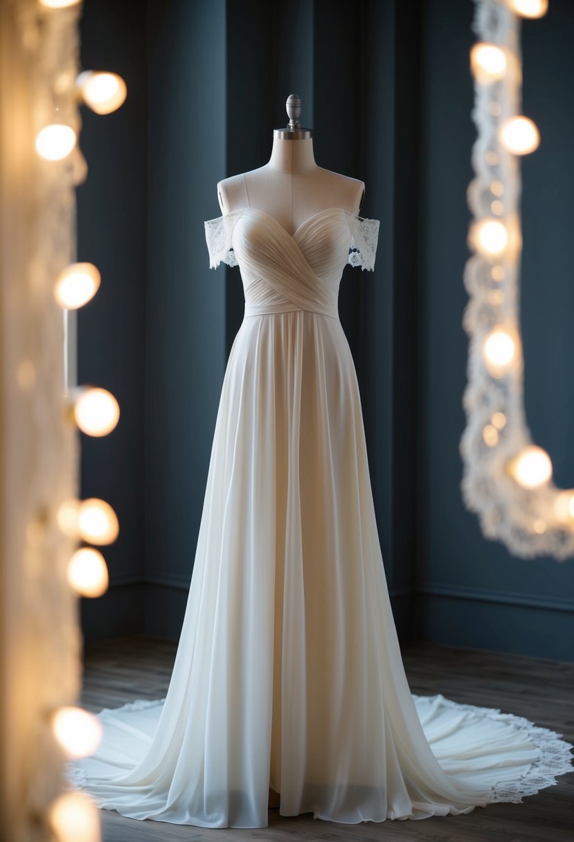 An elegant off-the-shoulder chiffon gown drapes gracefully on a mannequin, surrounded by soft lighting and delicate lace details