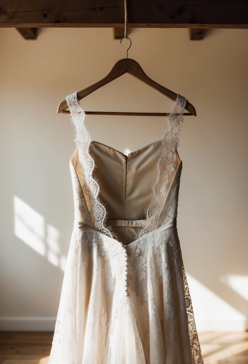 A flowing lace wedding dress with an open back, hanging on a rustic wooden hanger in a sunlit room