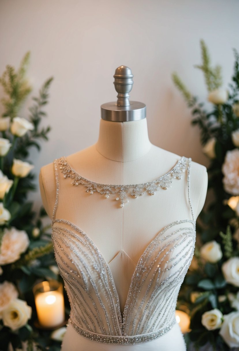 A mannequin wearing a beaded illusion neckline wedding dress, surrounded by soft lighting and floral arrangements