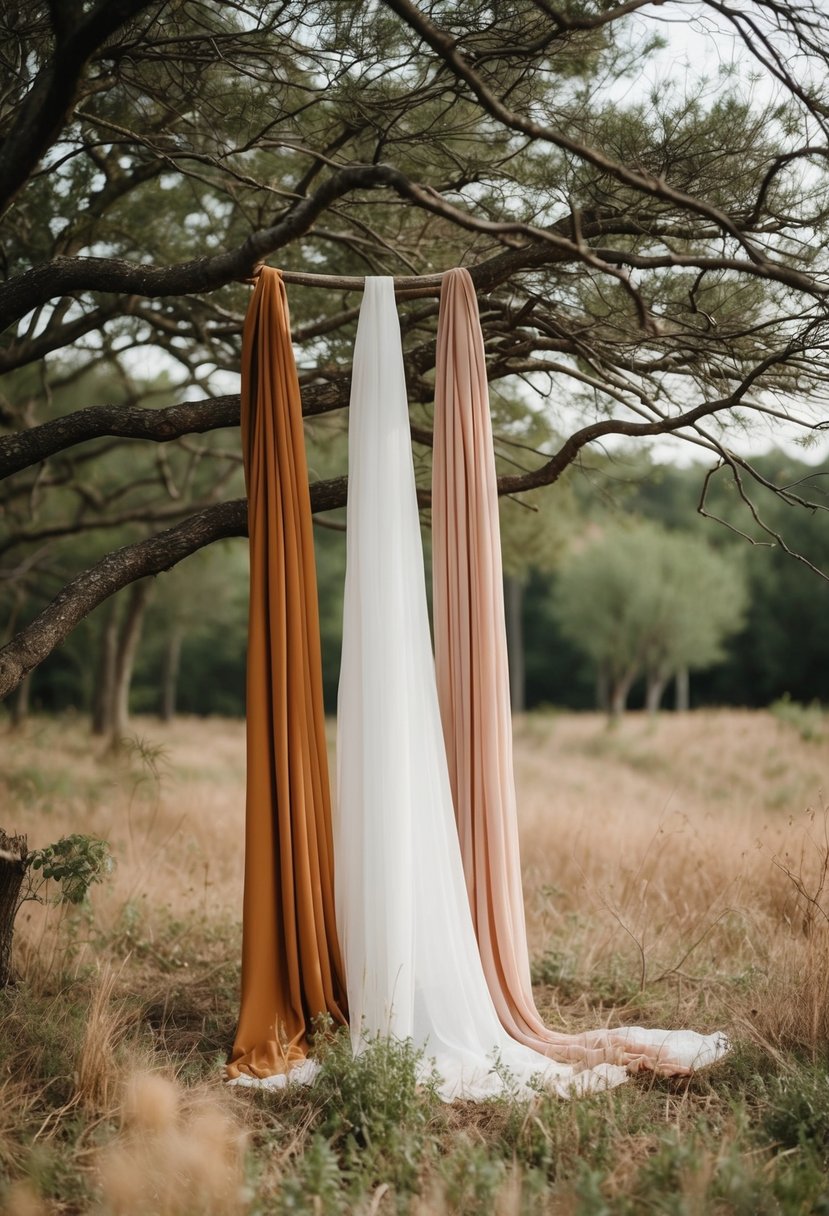 Flowing fabrics drape from tree branches in a woodland clearing, creating a whimsical backdrop for rustic wedding dress ideas