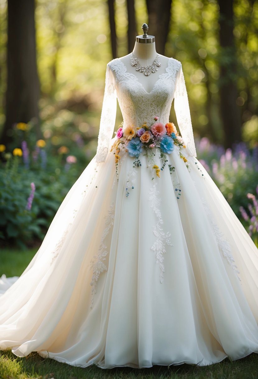 A flowing wedding dress adorned with delicate lace, colorful flowers, and sparkling jewels, set against a dreamy backdrop of a woodland garden