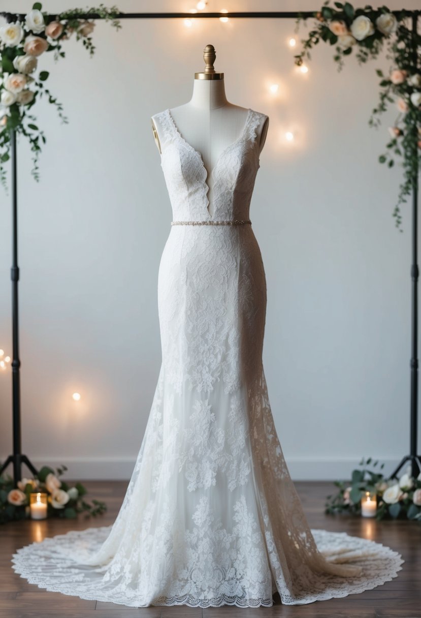 An elegant lace gown draped over a mannequin, surrounded by soft lighting and delicate floral accents