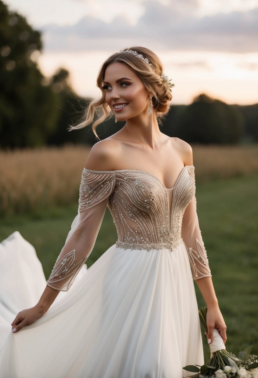 A flowing, off-the-shoulder wedding dress with intricate beaded details and a touch of country charm