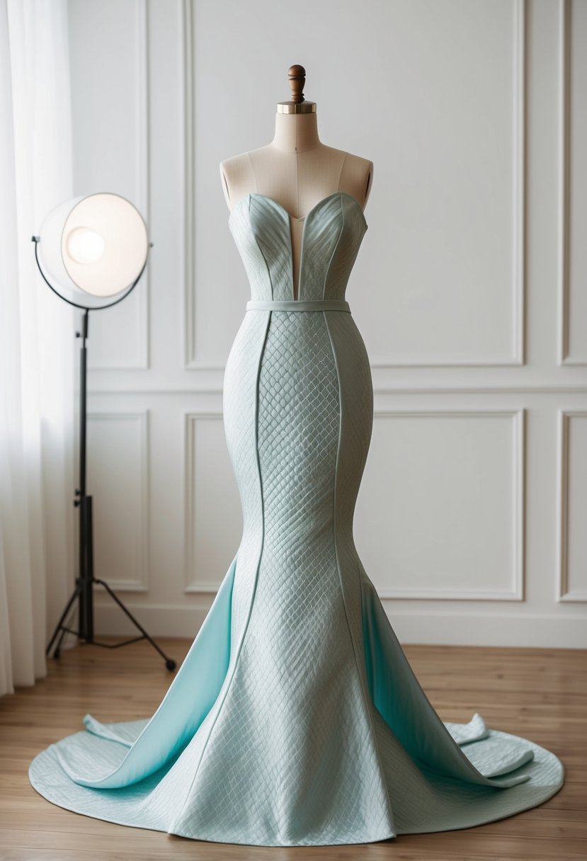 A structured Mikado mermaid dress displayed on a mannequin in an elegant, classy setting with soft lighting and a minimalist backdrop