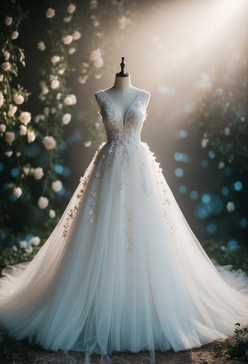 A flowing tulle wedding dress adorned with delicate floral appliqués, surrounded by soft, dreamy lighting and a mystical, enchanting atmosphere