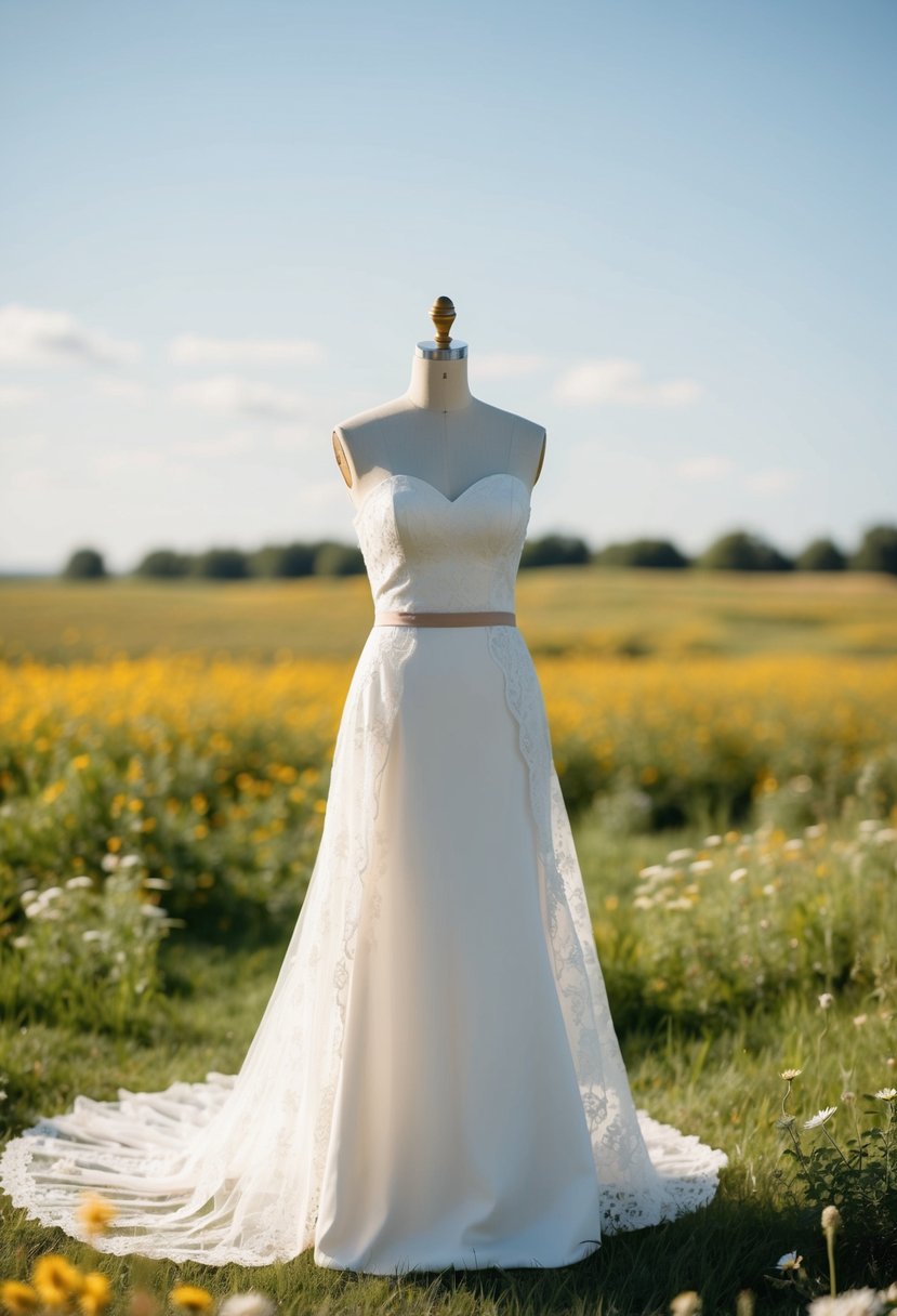 A rustic wedding dress with a soft strapless silhouette and lace overlay, set against a backdrop of a sun-drenched, open field with wildflowers