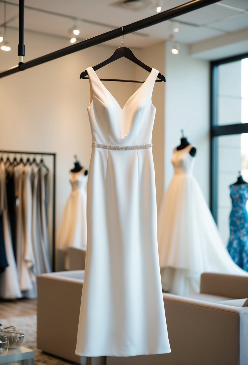 A simple, graceful sheath dress hangs on a sleek hanger in a softly lit bridal boutique