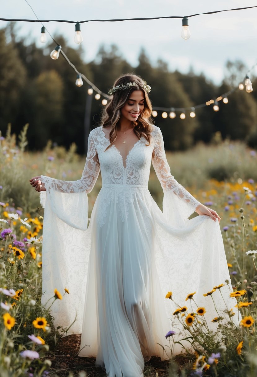 A flowing bohemian lace wedding dress with bell sleeves, surrounded by wildflowers and hanging fairy lights