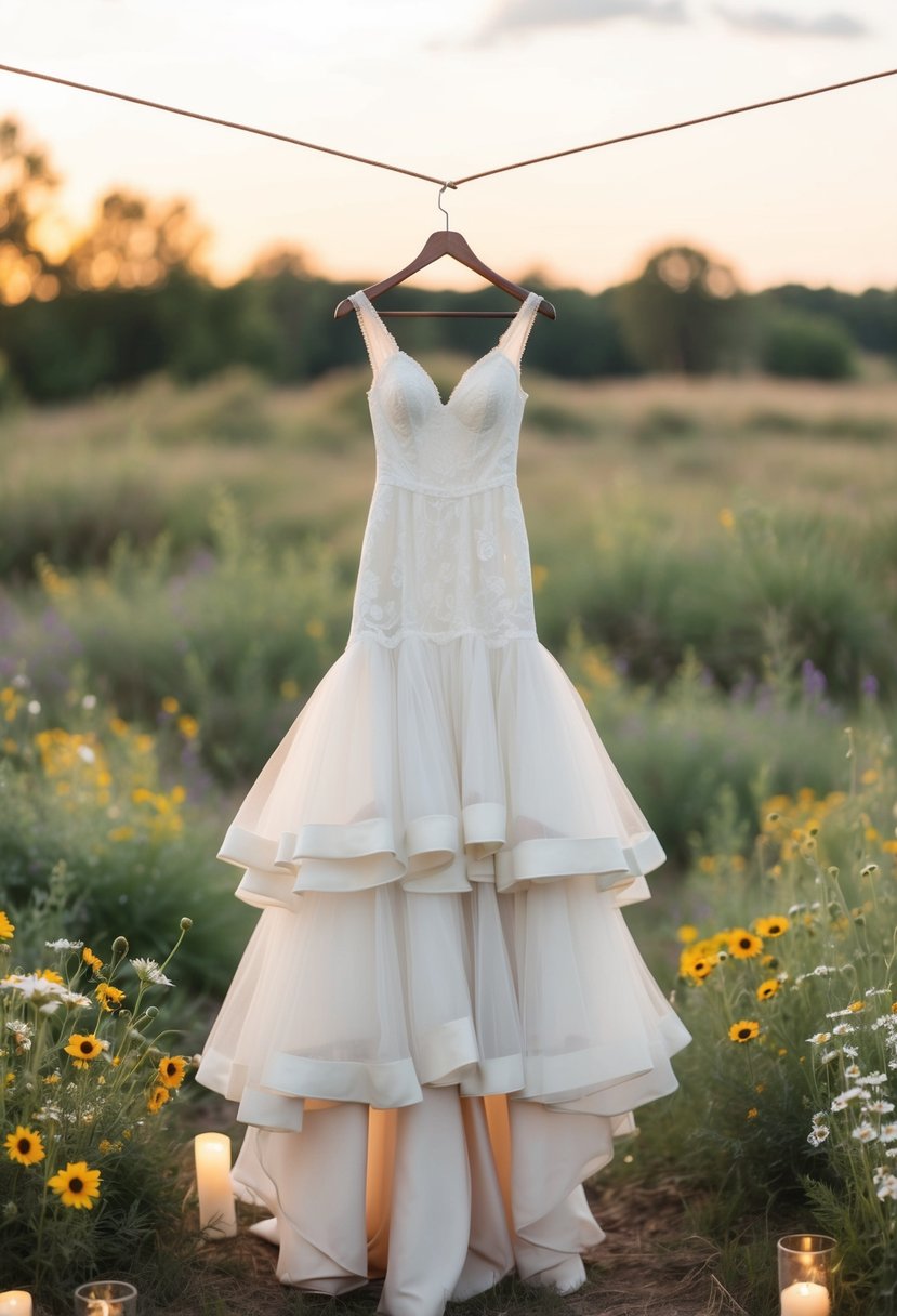 A rustic wedding dress with layered skirts hangs on a vintage wooden hanger, surrounded by wildflowers and soft candlelight