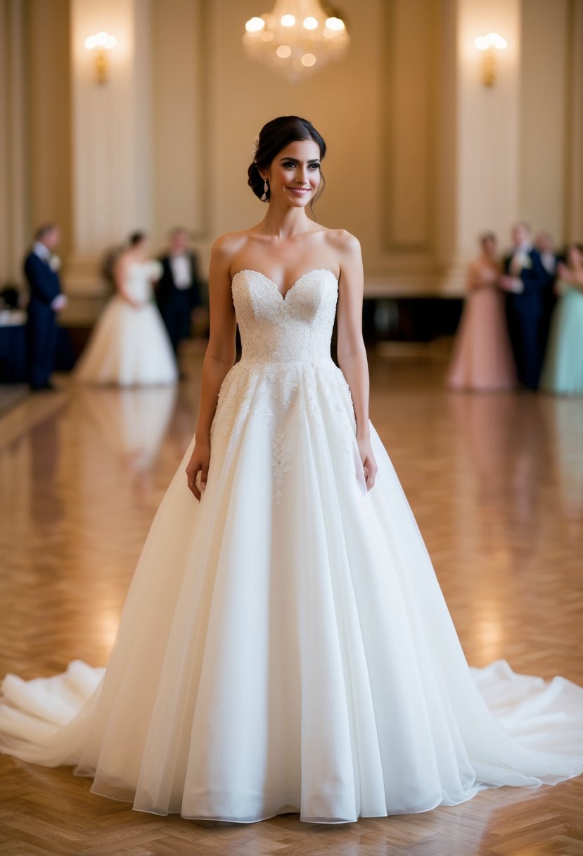 A bride stands in a grand ballroom, wearing a timeless sweetheart neckline gown. The dress is elegant and classy, with delicate lace and flowing fabric