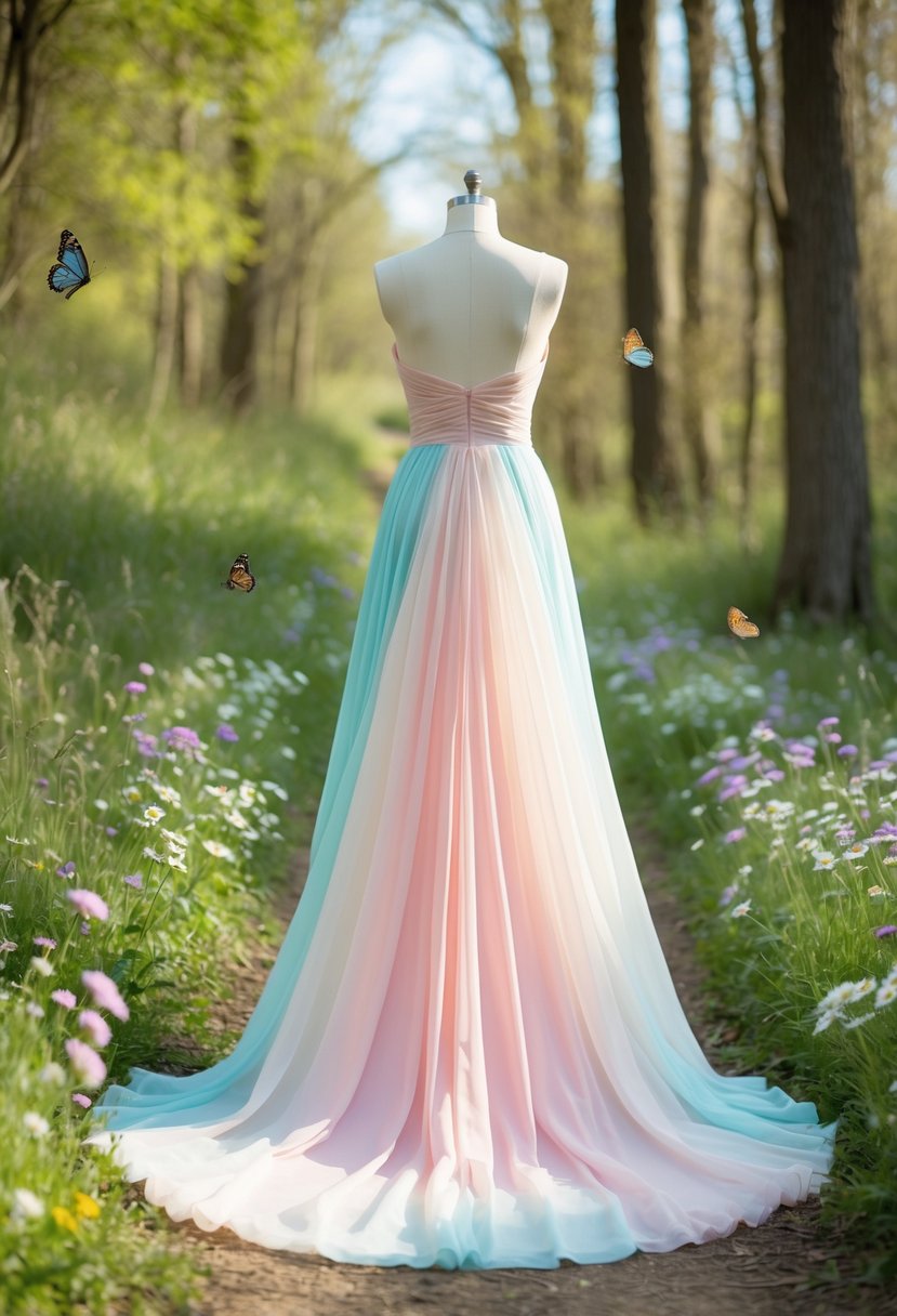 A flowing pastel ombré gown cascading down a sun-dappled forest path, surrounded by delicate wildflowers and butterflies