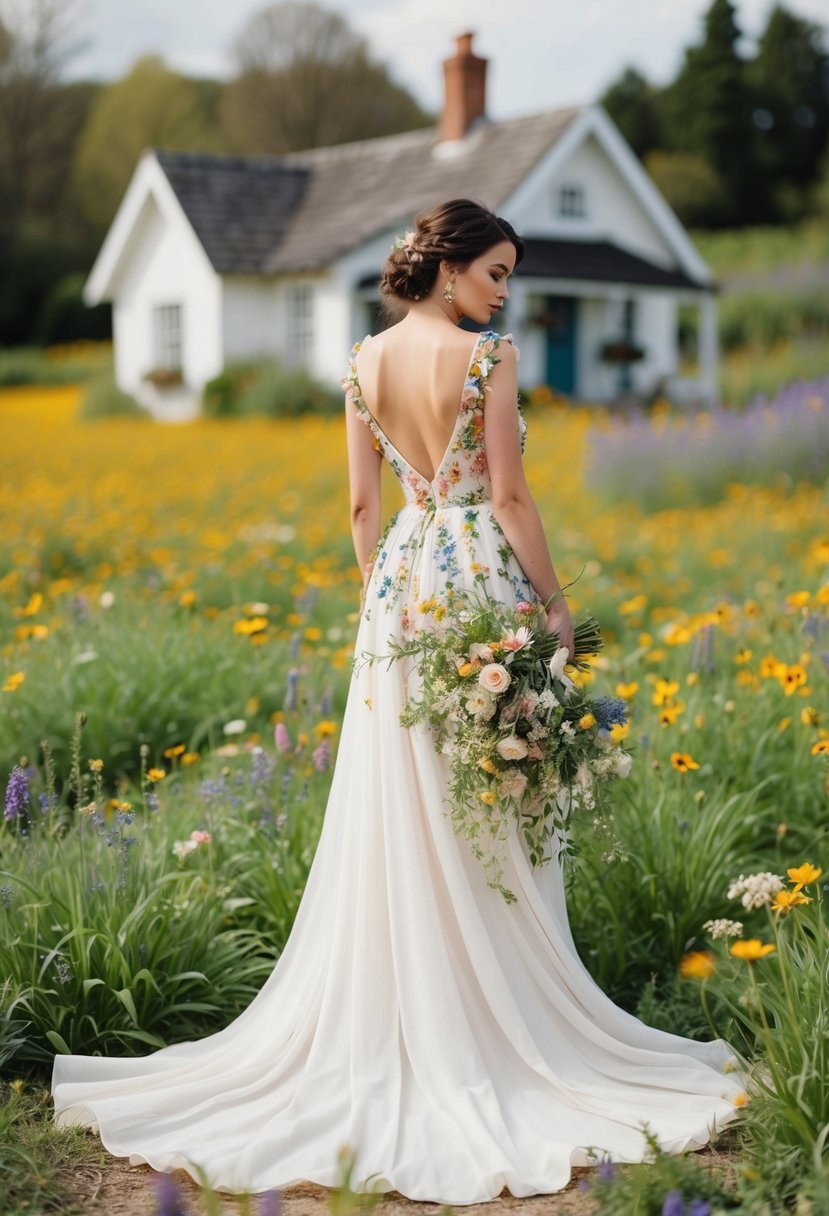 A flowing gown adorned with wildflowers, set against a backdrop of a quaint cottage and blooming meadow