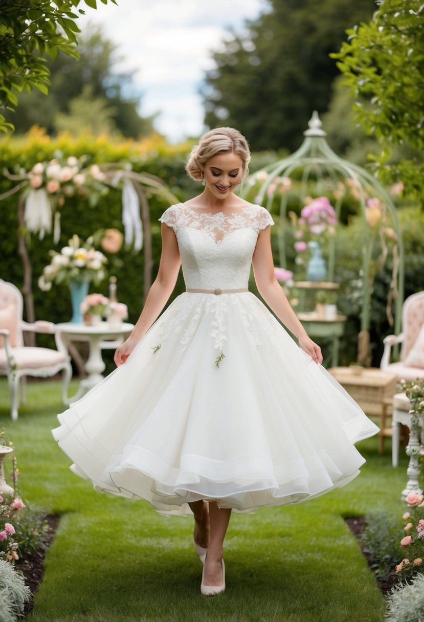 A bride twirls in a garden, wearing a tea-length dress with lace and floral details, surrounded by vintage-inspired decor and whimsical elements