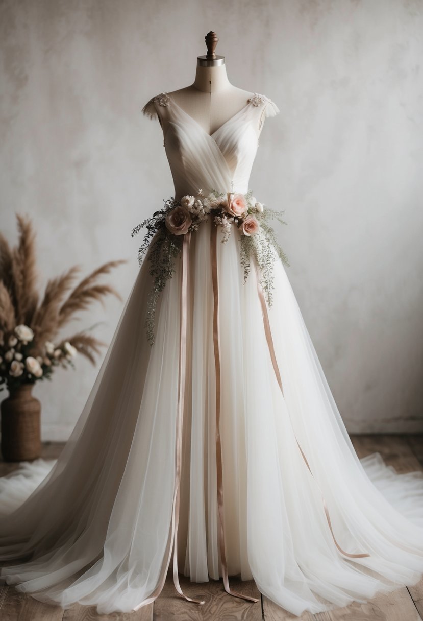 A flowing tulle wedding dress with delicate cap sleeves, adorned with rustic floral accents and trailing ribbons