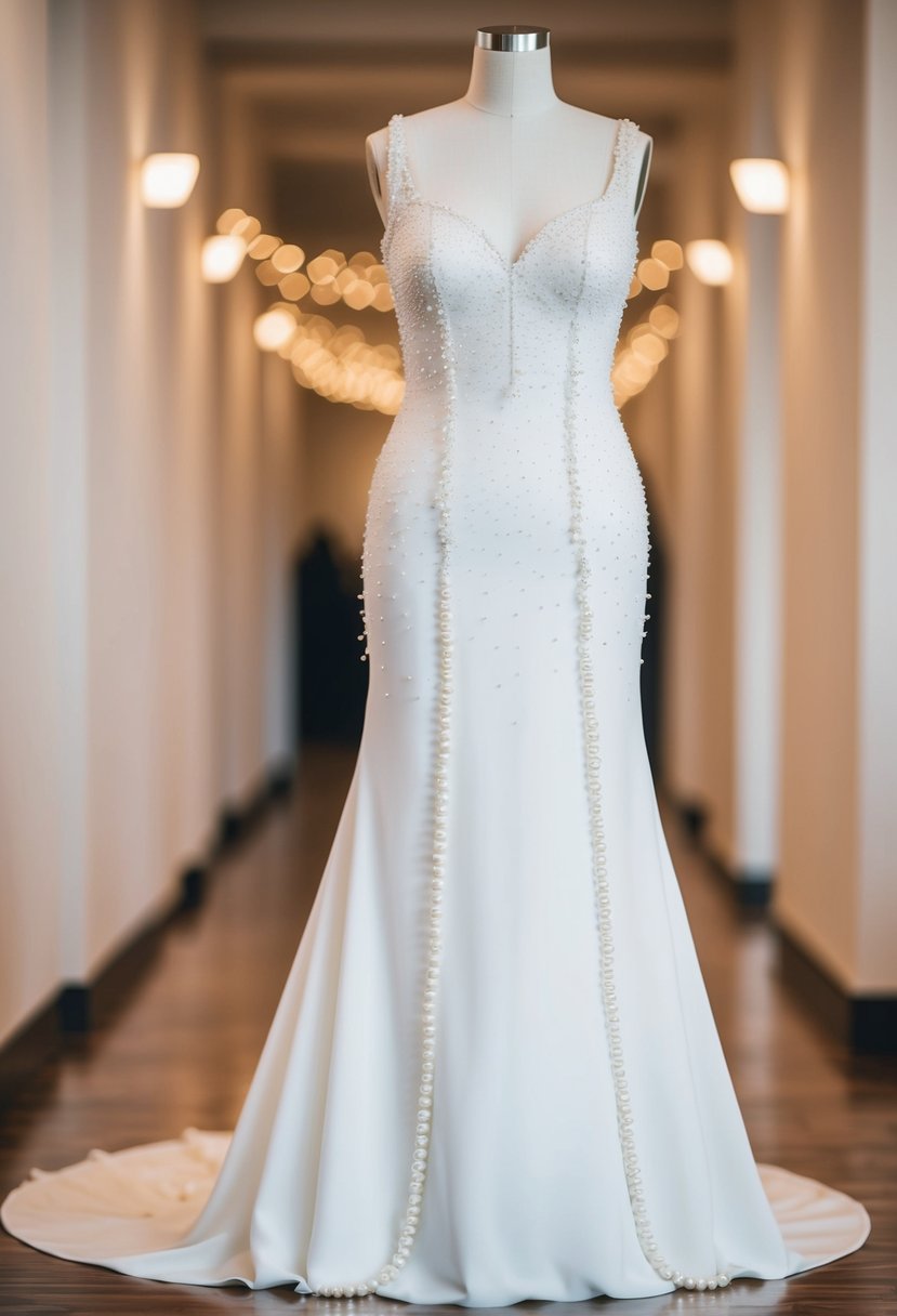 A white, floor-length bridal gown adorned with delicate pearl embellishments cascading down the bodice and trailing along the skirt, exuding elegance and class