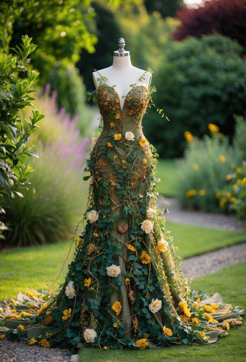 A flowing gown made of vines and flowers, with earthy colors and natural textures, surrounded by a lush garden setting