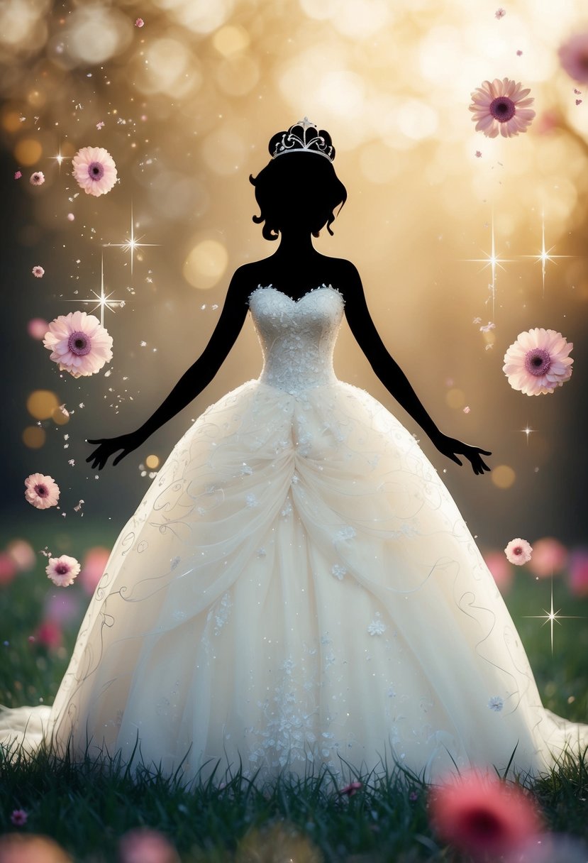 A fairy tale princess silhouette in a whimsical wedding dress, surrounded by floating flowers and sparkles