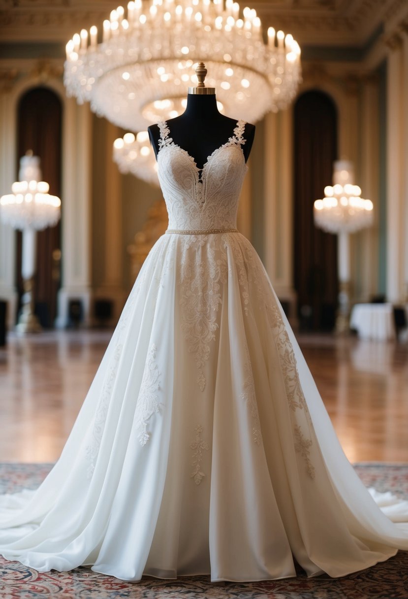 An empire waist dress with intricate lace details and a flowing skirt, set against a backdrop of a grand ballroom with chandeliers and ornate architecture