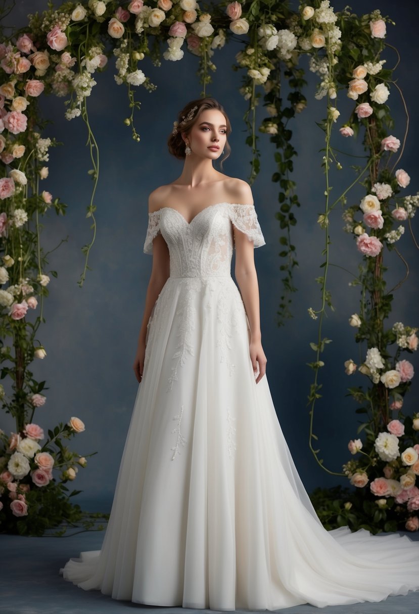 A flowing off-shoulder wedding dress adorned with delicate embroidery, set against a backdrop of blooming flowers and trailing vines