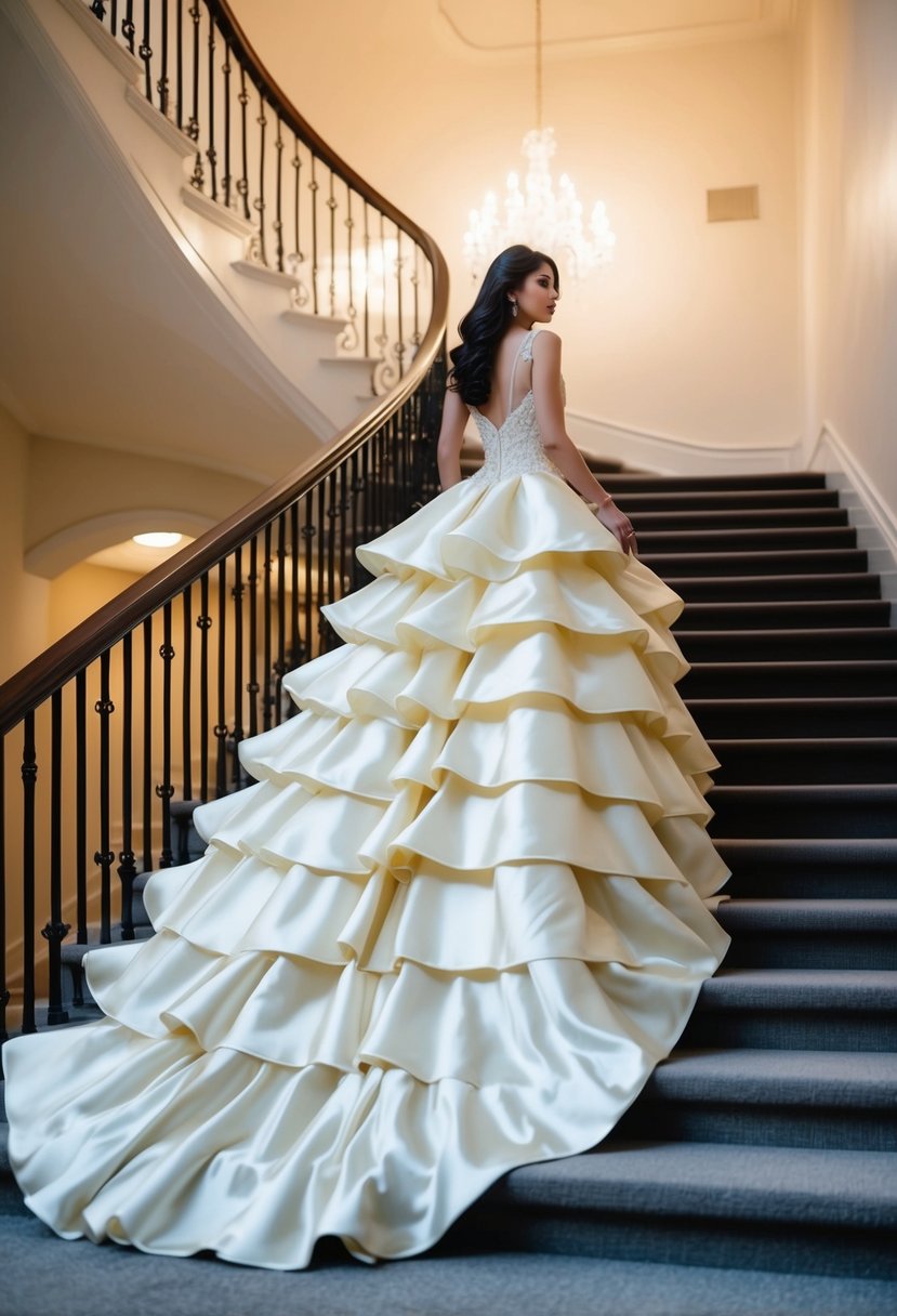 A flowing tiered skirt gown cascades down a grand staircase. The fabric shimmers in the soft light, exuding elegance and grace