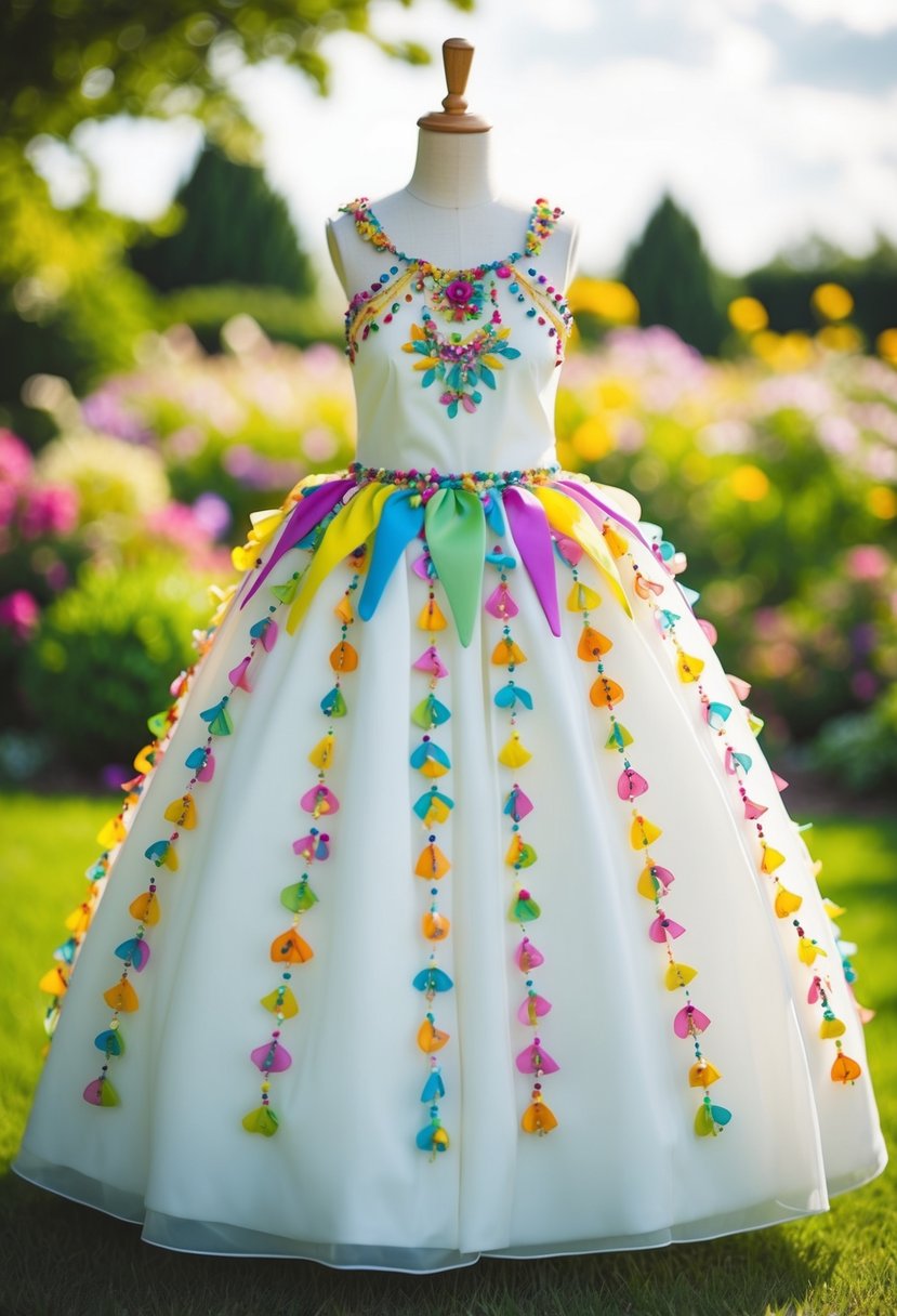 A whimsical wedding dress adorned with colorful accents and playful patterns, set against a dreamy garden backdrop