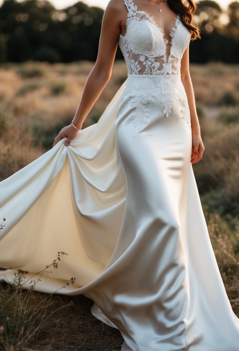 A flowing satin wedding gown with lace and earthy details