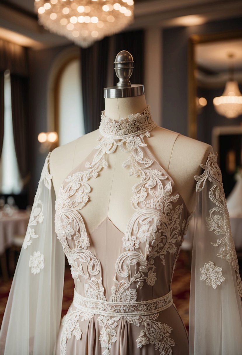 A mannequin wears a sophisticated high neckline dress in a luxurious ballroom setting, adorned with intricate lace and flowing fabric