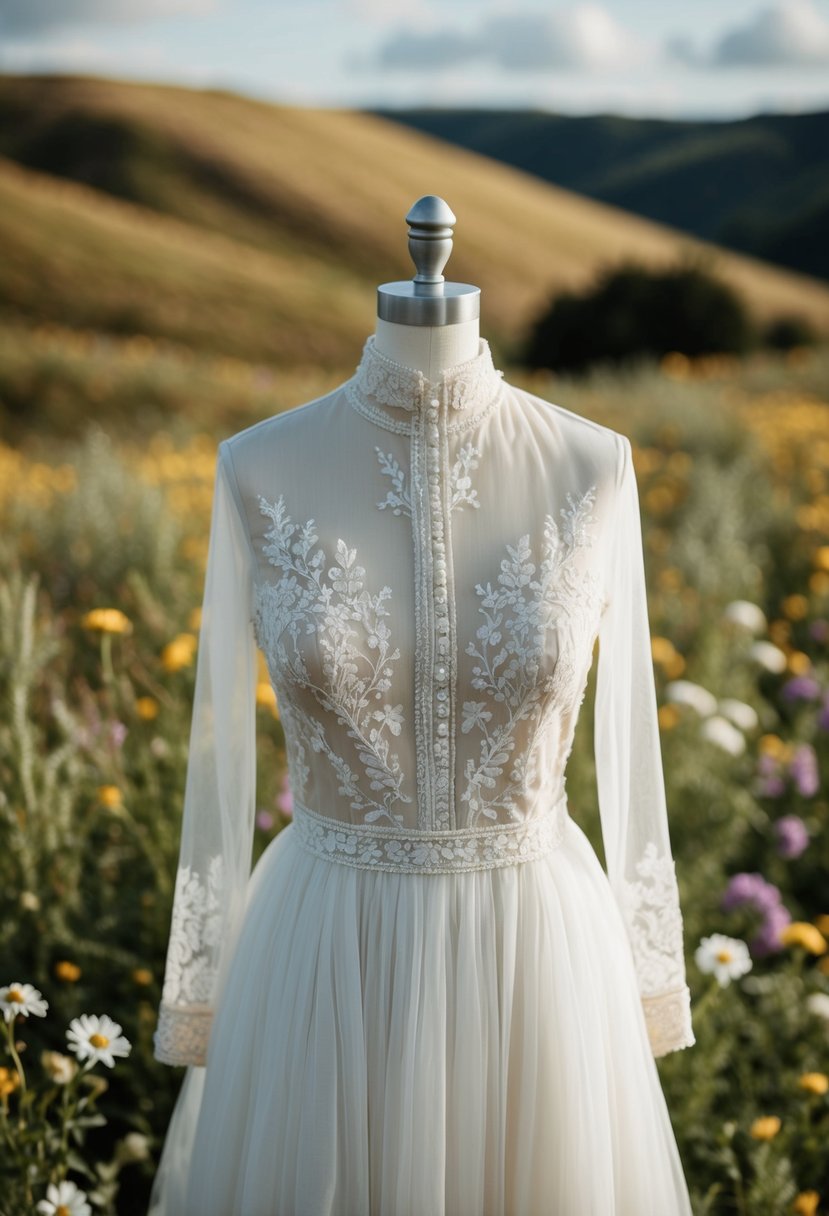 A rustic, high-neck wedding dress with delicate embroidery, set against a backdrop of wildflowers and rolling hills