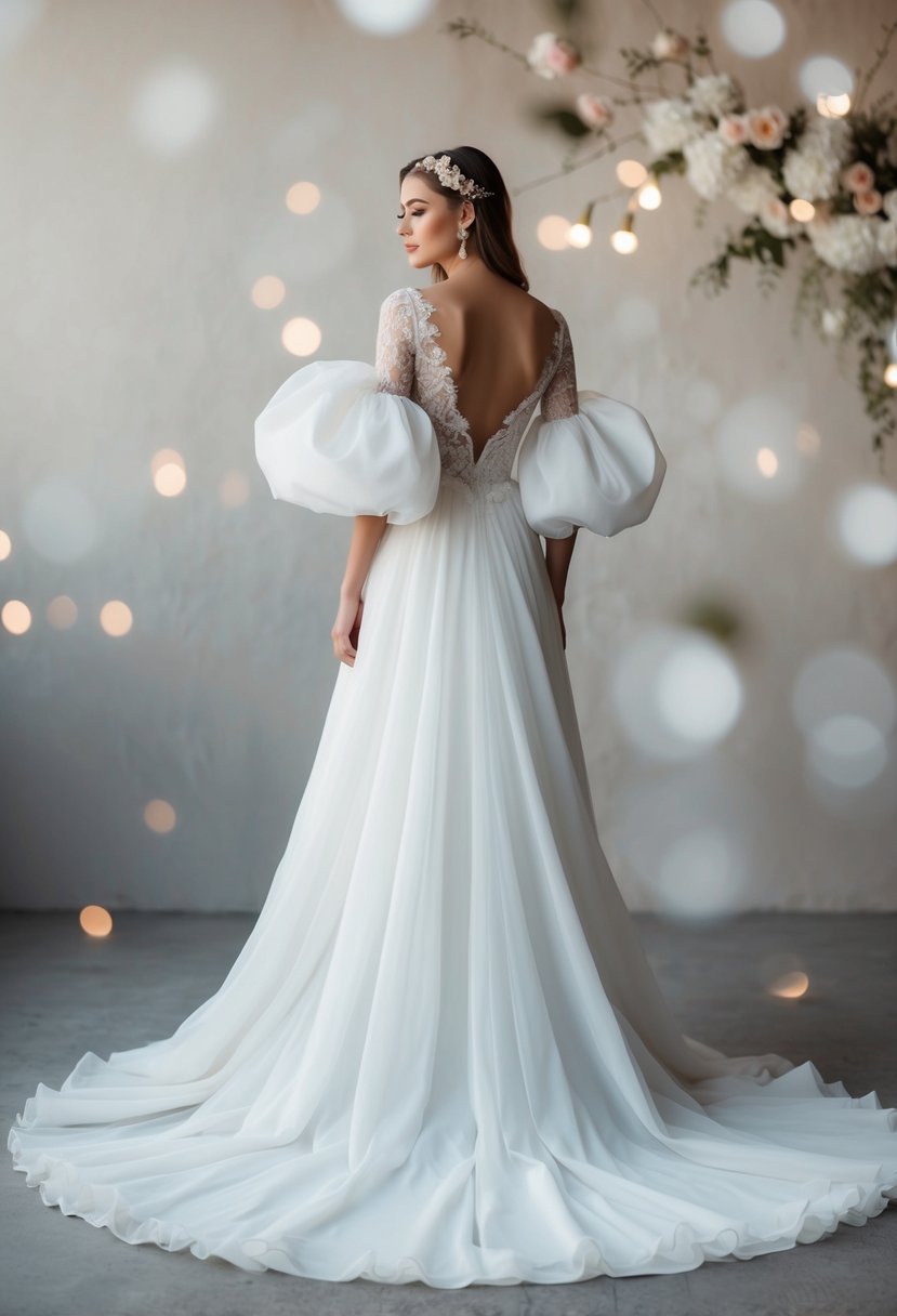 A flowing, floor-length wedding gown with billowing puff sleeves adorned with delicate lace and floral details