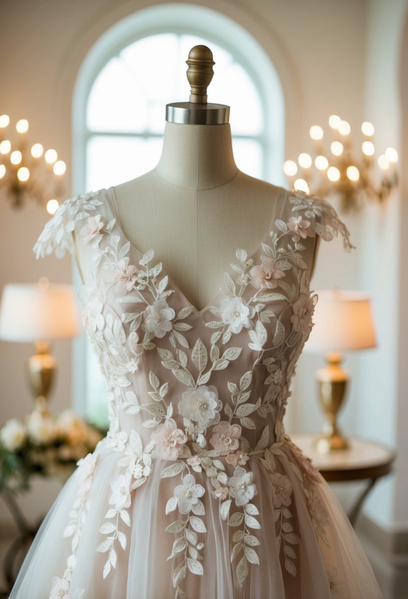 A delicate organza floral appliqué dress on a mannequin, surrounded by soft lighting and elegant decor