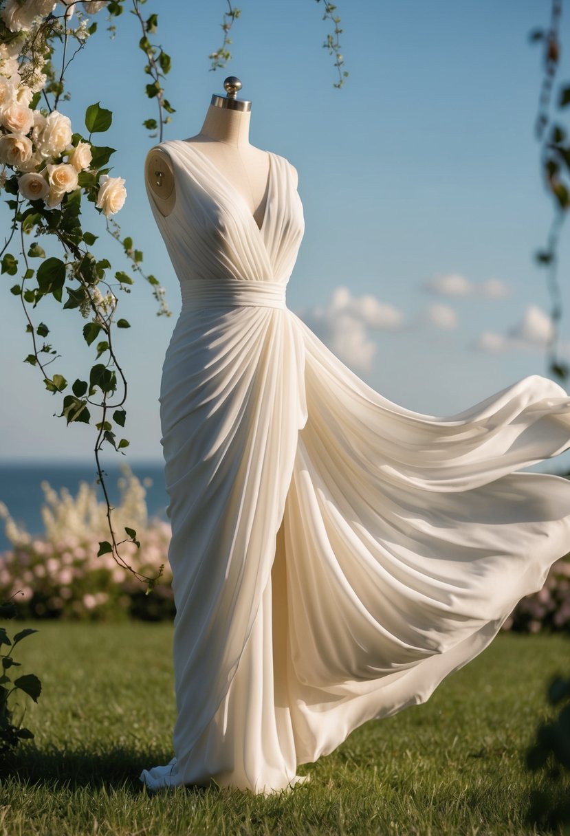 A flowing, Grecian-inspired draped dress billows in the breeze, surrounded by delicate floral and vine accents