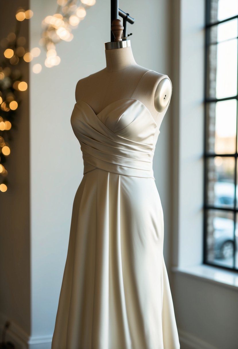 An ivory satin column gown draped over a mannequin, with soft lighting highlighting its elegant silhouette