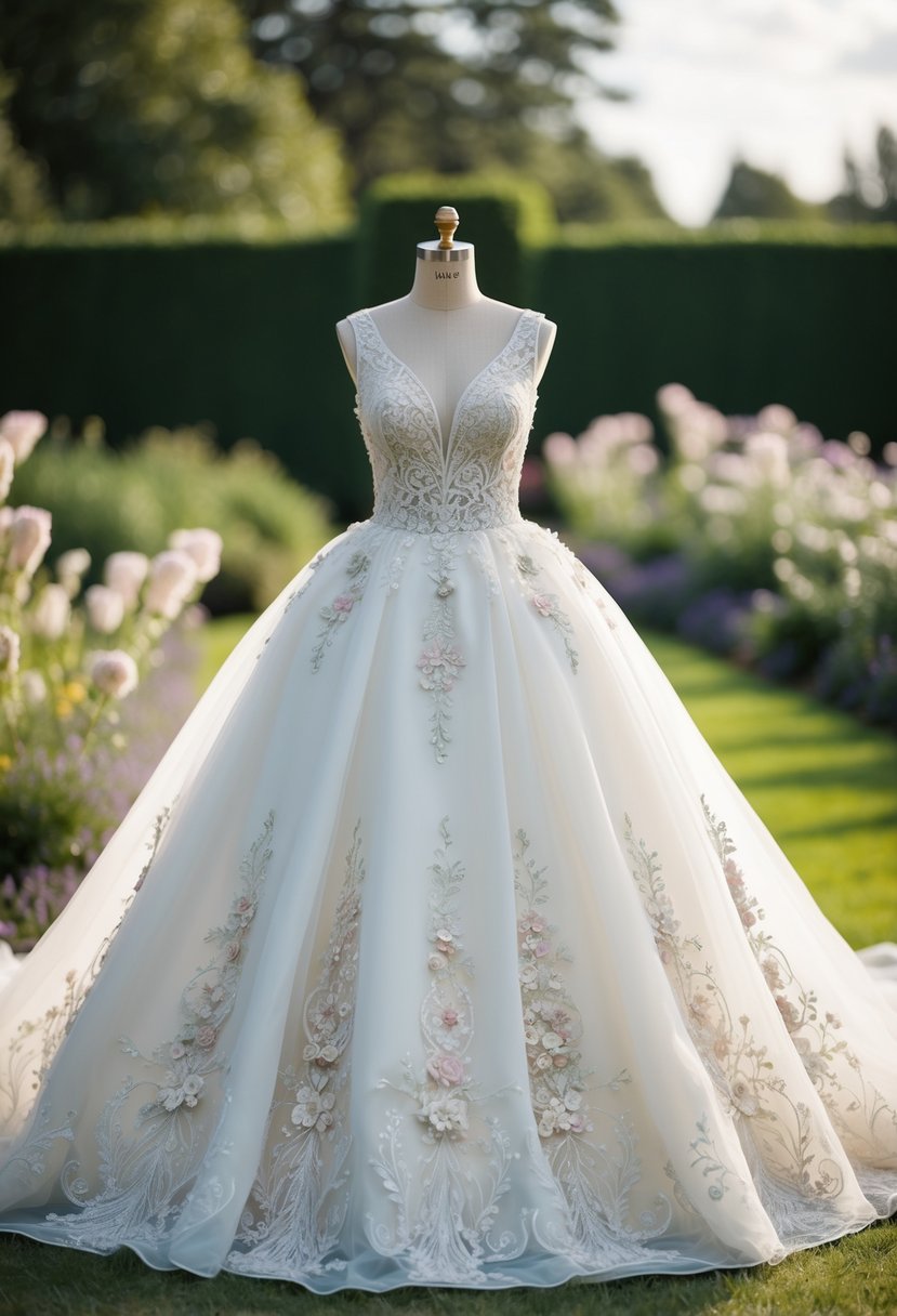 A flowing bridal dress adorned with intricate floral motifs, set against a dreamy garden backdrop