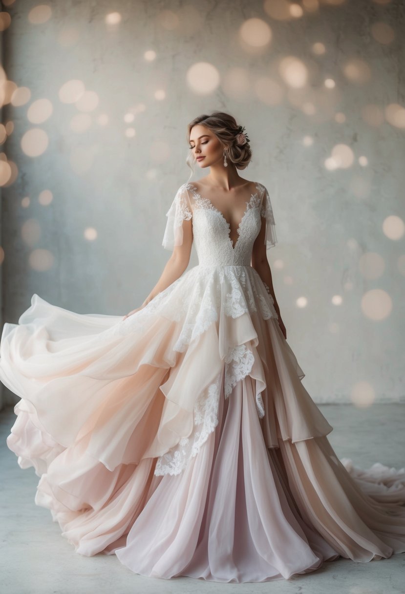 A flowing chiffon wedding dress billows in layers of dreamy pastel colors, adorned with delicate lace and ethereal details