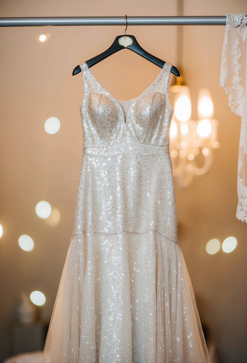 A sparkling, sequined wedding dress hangs on a vintage mannequin, surrounded by soft, romantic lighting and delicate lace details