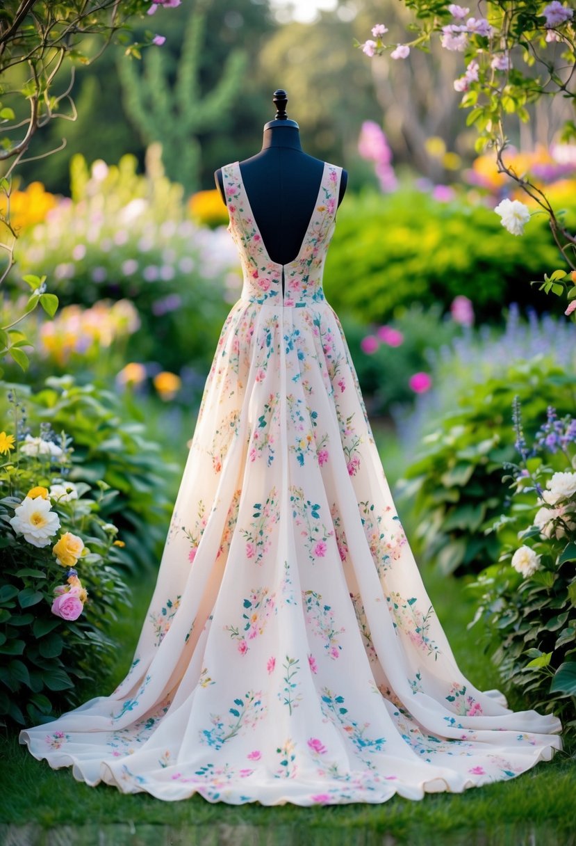 A flowing gown adorned with delicate floral patterns and vibrant colors, surrounded by lush greenery and blooming flowers in a whimsical garden setting