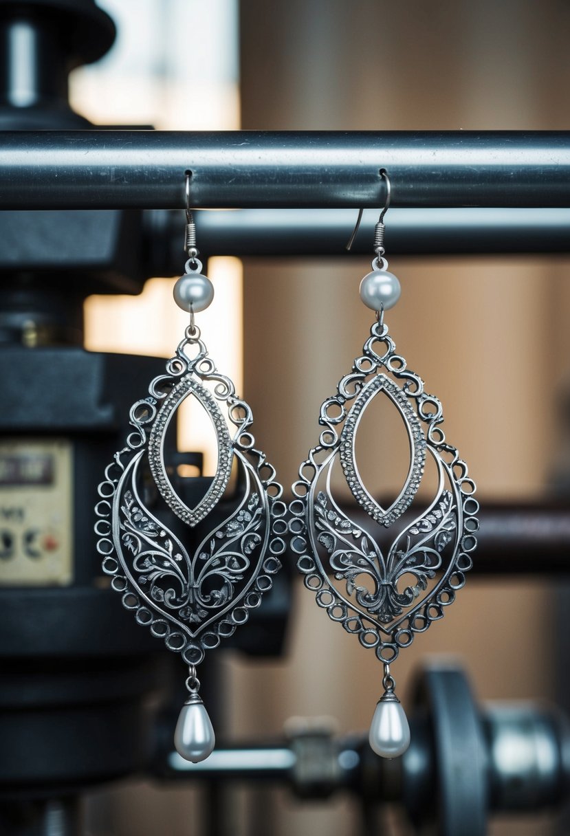 A pair of intricately designed, metallic wedding earrings hang against a backdrop of industrial machinery and tools