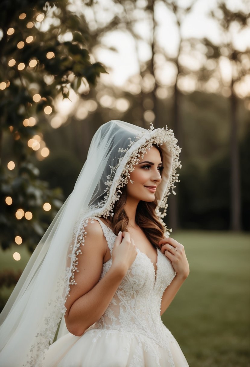 A bridal hood adorned with enchanted details, flowing from a whimsical wedding dress